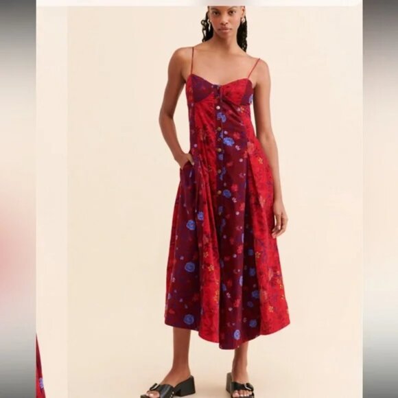 Free People Gail Midi Dress Sweetheart Grunge patchwork Corduroy Scarlet Combo S - Picture 2 of 13